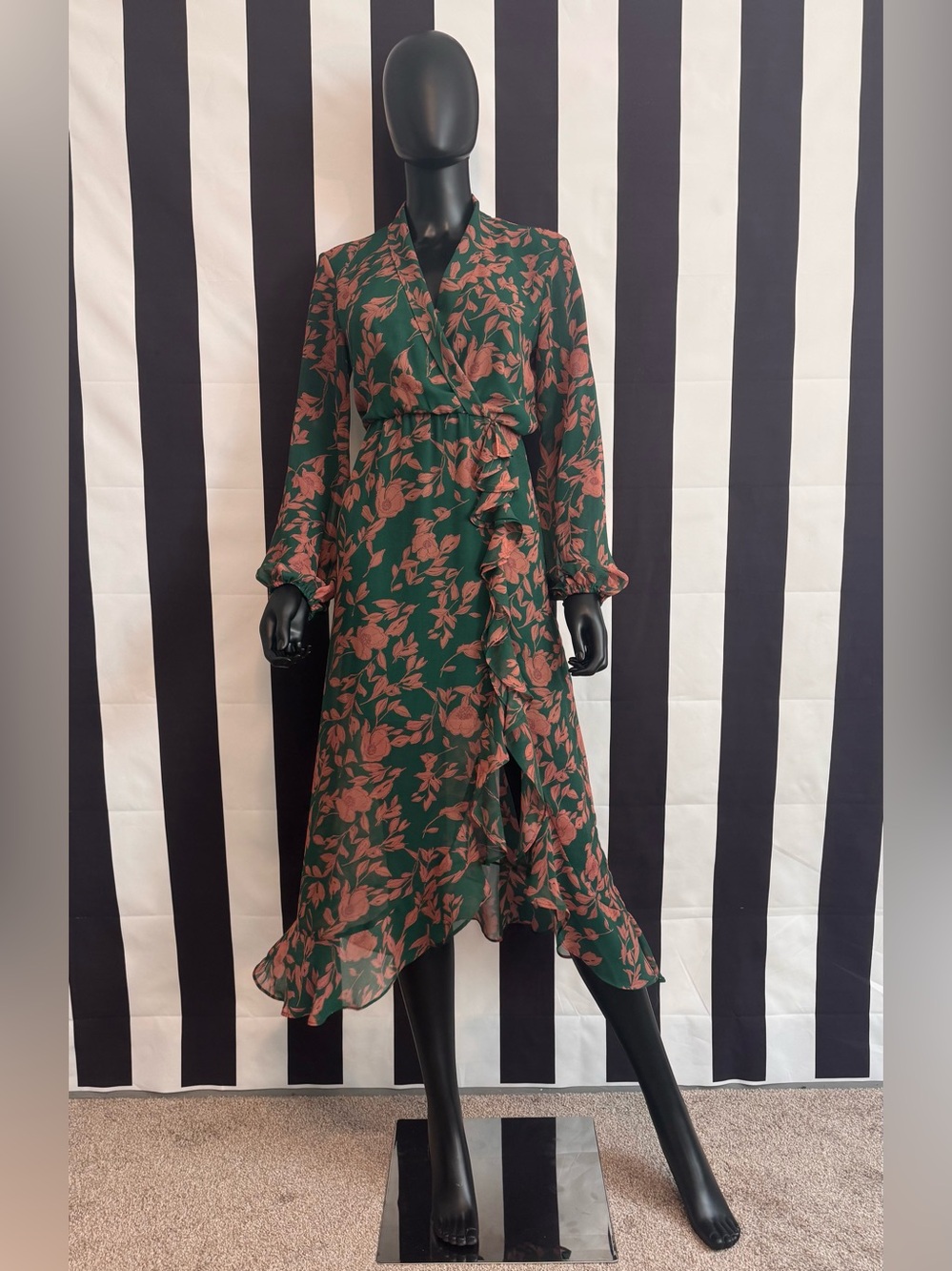Bardot Green Floral Wrap Midi Dress with Rust Accents